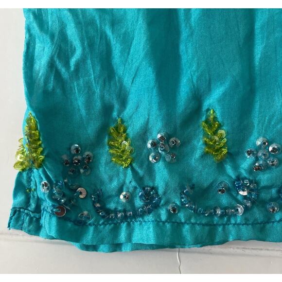 Glam Souls Tunic Top Women S/M Blue Green Silk Boho Beads Beach Resortwear Slit - Picture 9 of 10